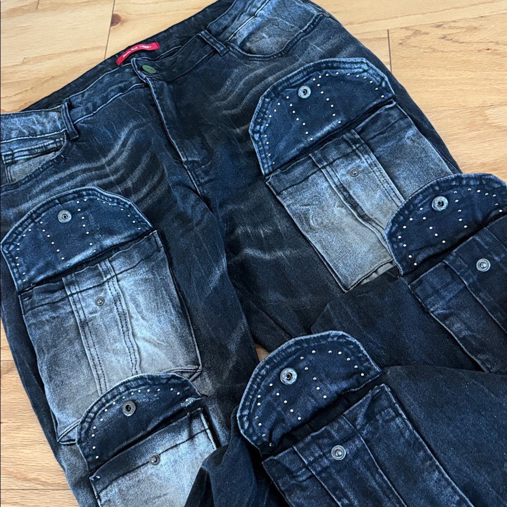 Smoke rise XL $110 Women's High Rise Rhinestone Stacked Jeans Pant storm black - Picture 9 of 14